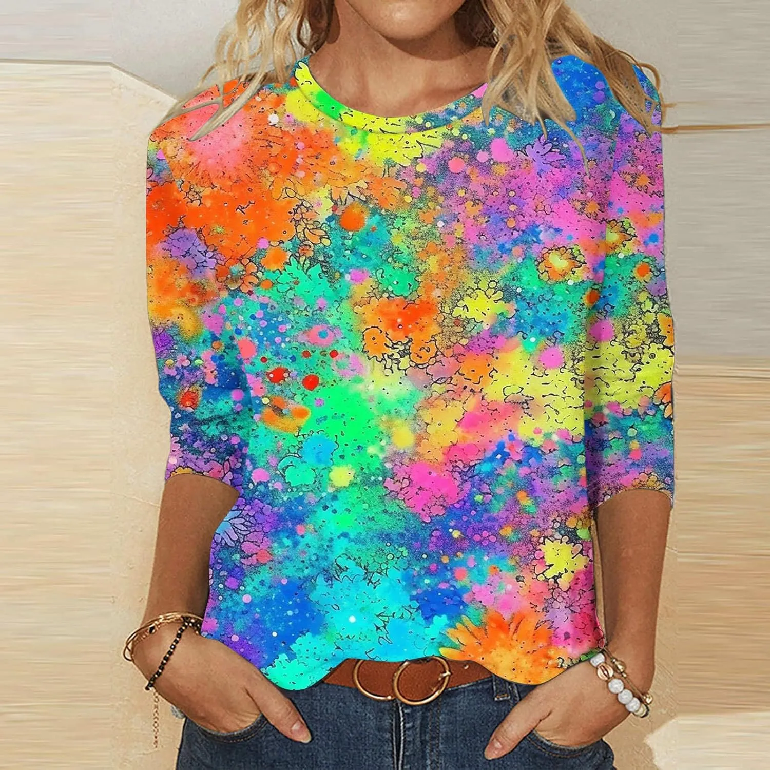 2024 Fashion Spring Tops 3/4 Sleeve Length Trendy Shirts Dressy Casual Work Blouse Ladies Tie Dye Summer Outfits