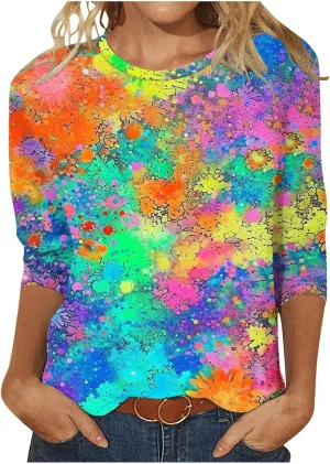 2024 Fashion Spring Tops 3/4 Sleeve Length Trendy Shirts Dressy Casual Work Blouse Ladies Tie Dye Summer Outfits
