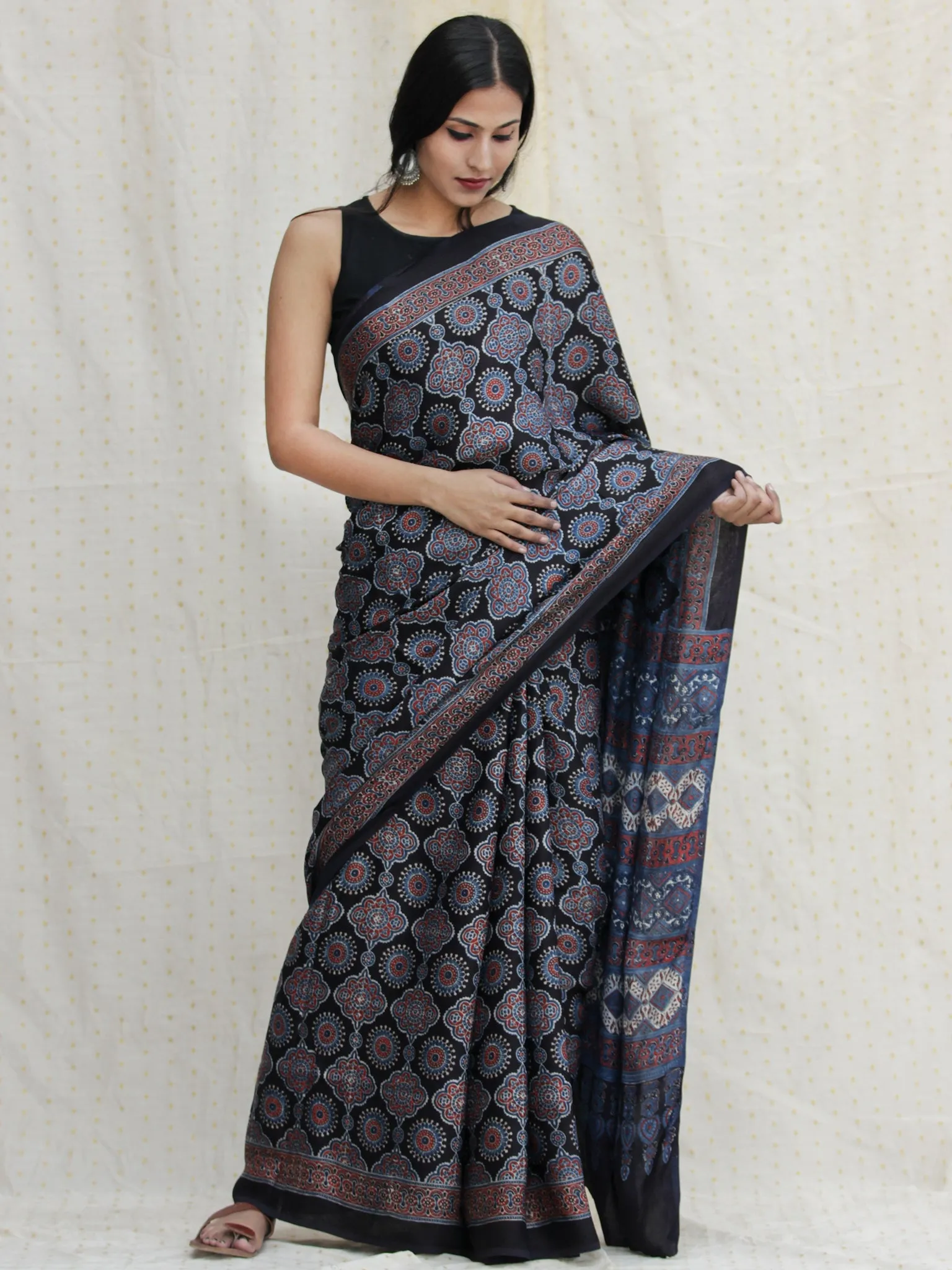 Black Indigo Red Ajrakh Hand Block Printed Modal Silk Saree - S031704124