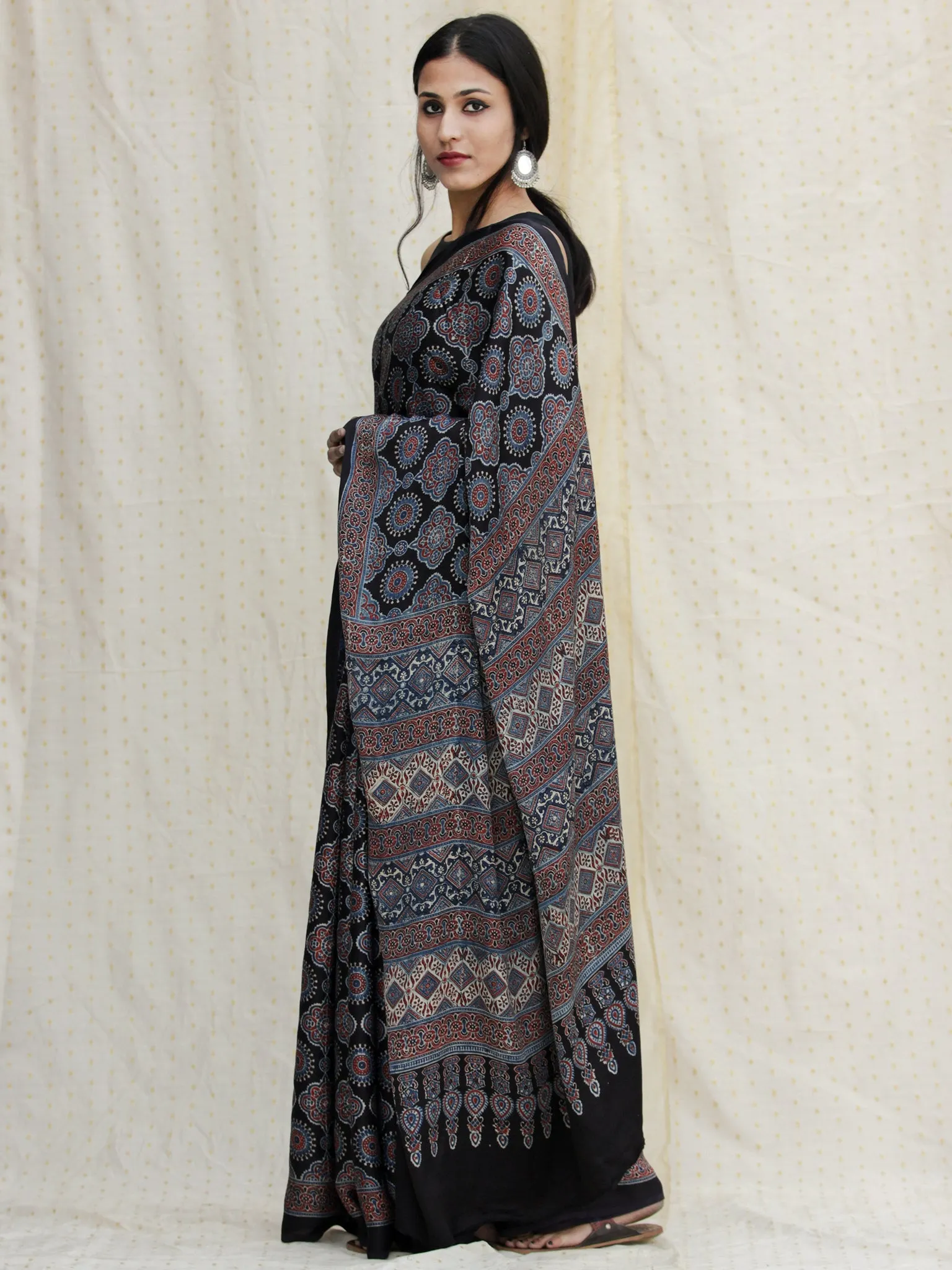 Black Indigo Red Ajrakh Hand Block Printed Modal Silk Saree - S031704124