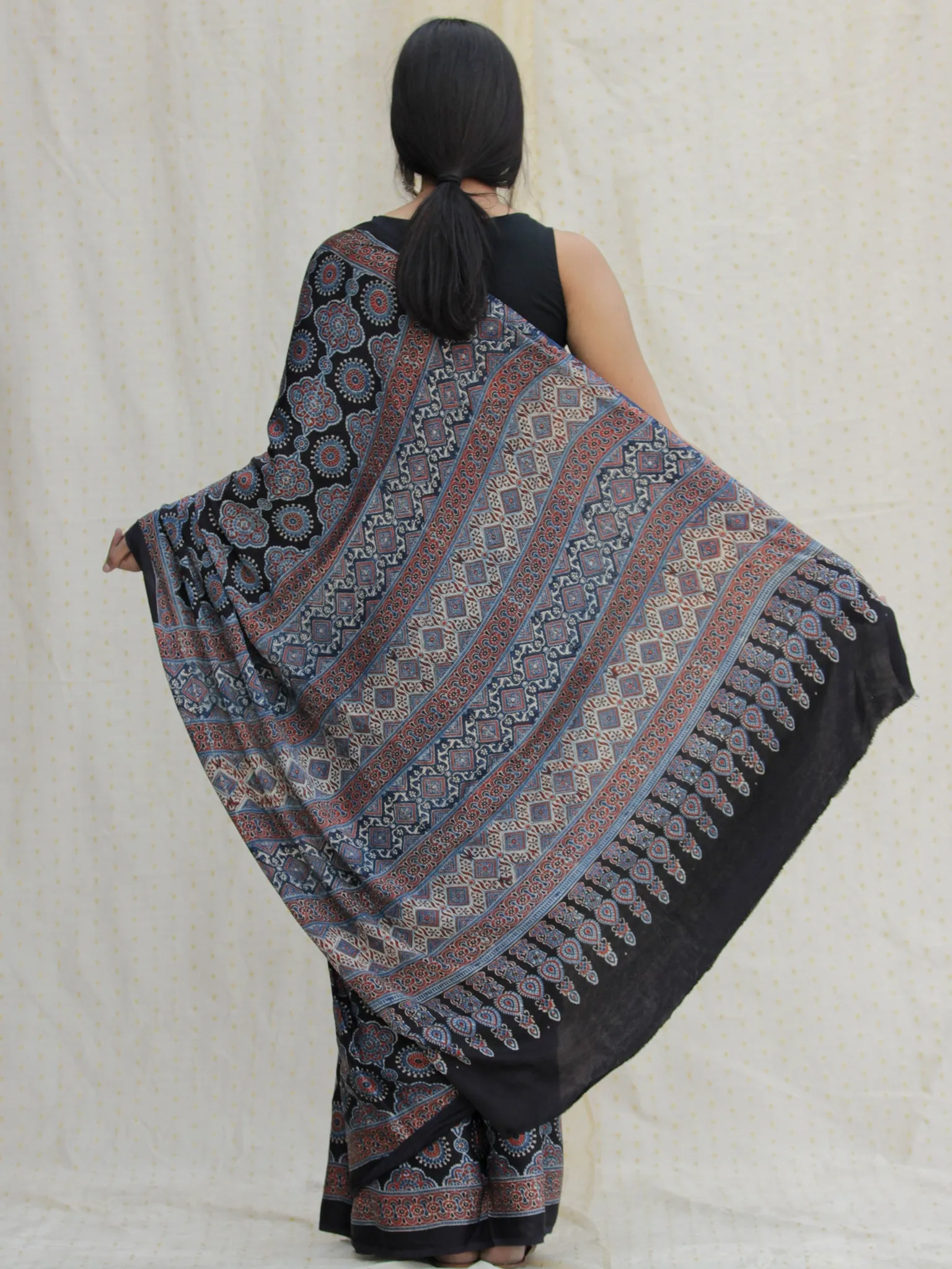 Black Indigo Red Ajrakh Hand Block Printed Modal Silk Saree - S031704124