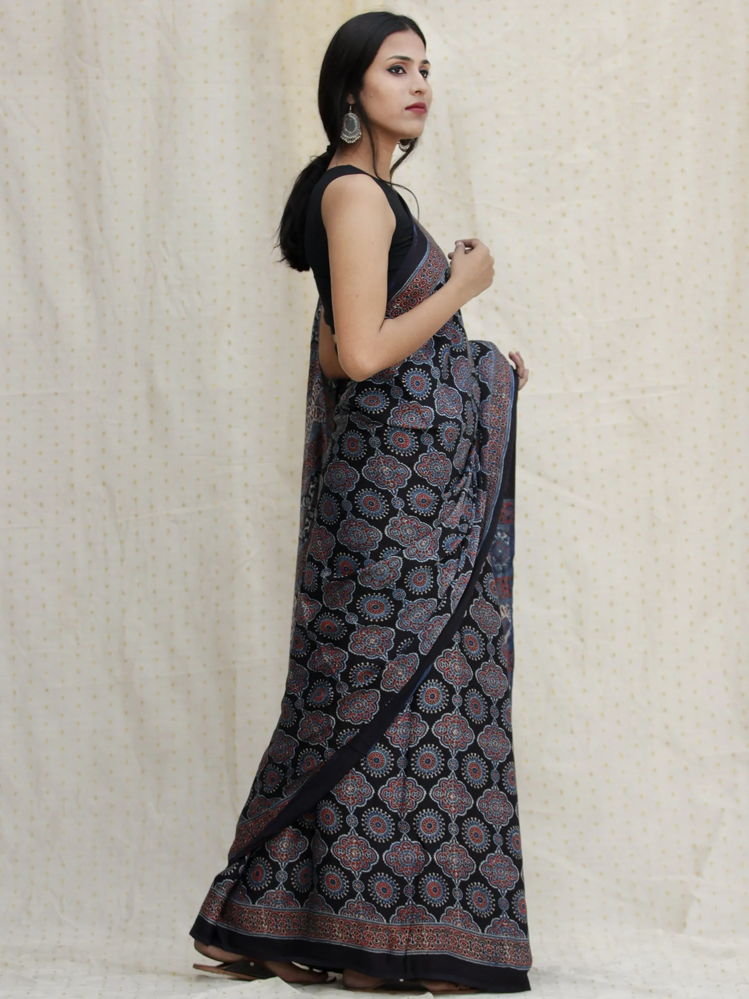 Black Indigo Red Ajrakh Hand Block Printed Modal Silk Saree - S031704124