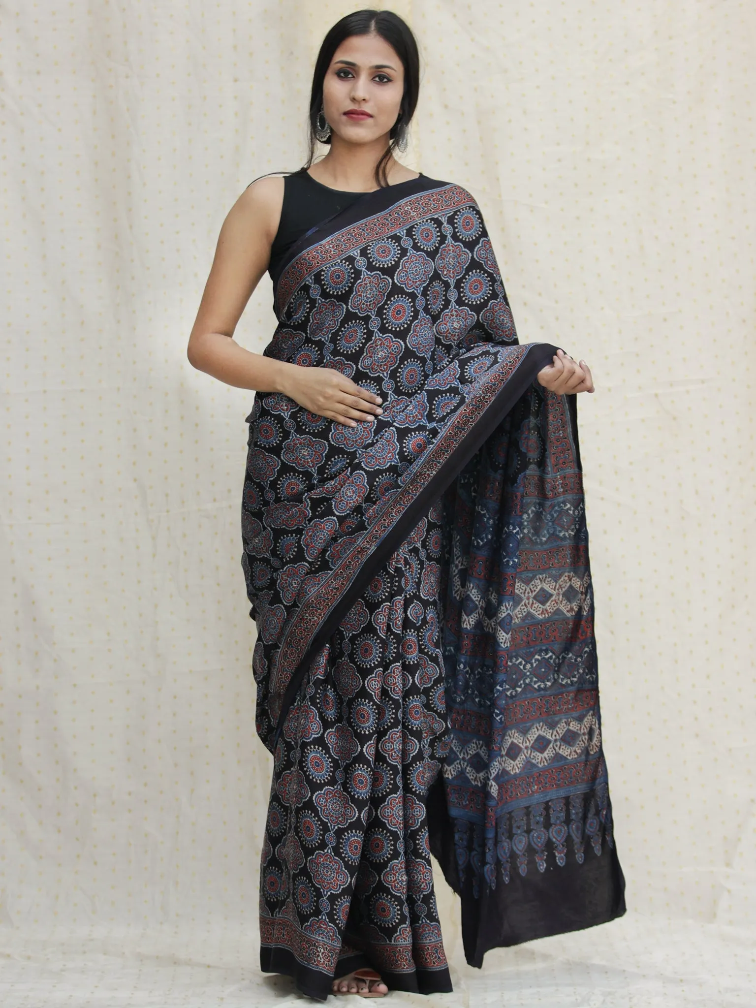 Black Indigo Red Ajrakh Hand Block Printed Modal Silk Saree - S031704124