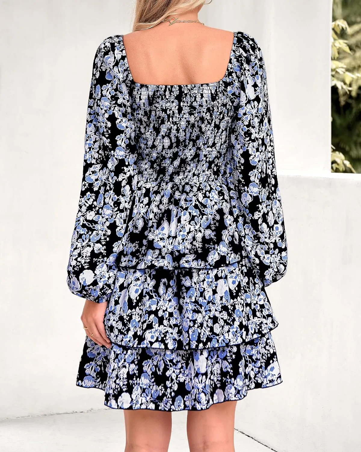 BTFBM Women Square Neck Smocked Dresses 2025 Summer Spring Long Sleeve Floral Swiss Dot Mini Boho Wedding Guest Dress