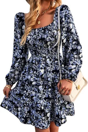 BTFBM Women Square Neck Smocked Dresses 2025 Summer Spring Long Sleeve Floral Swiss Dot Mini Boho Wedding Guest Dress