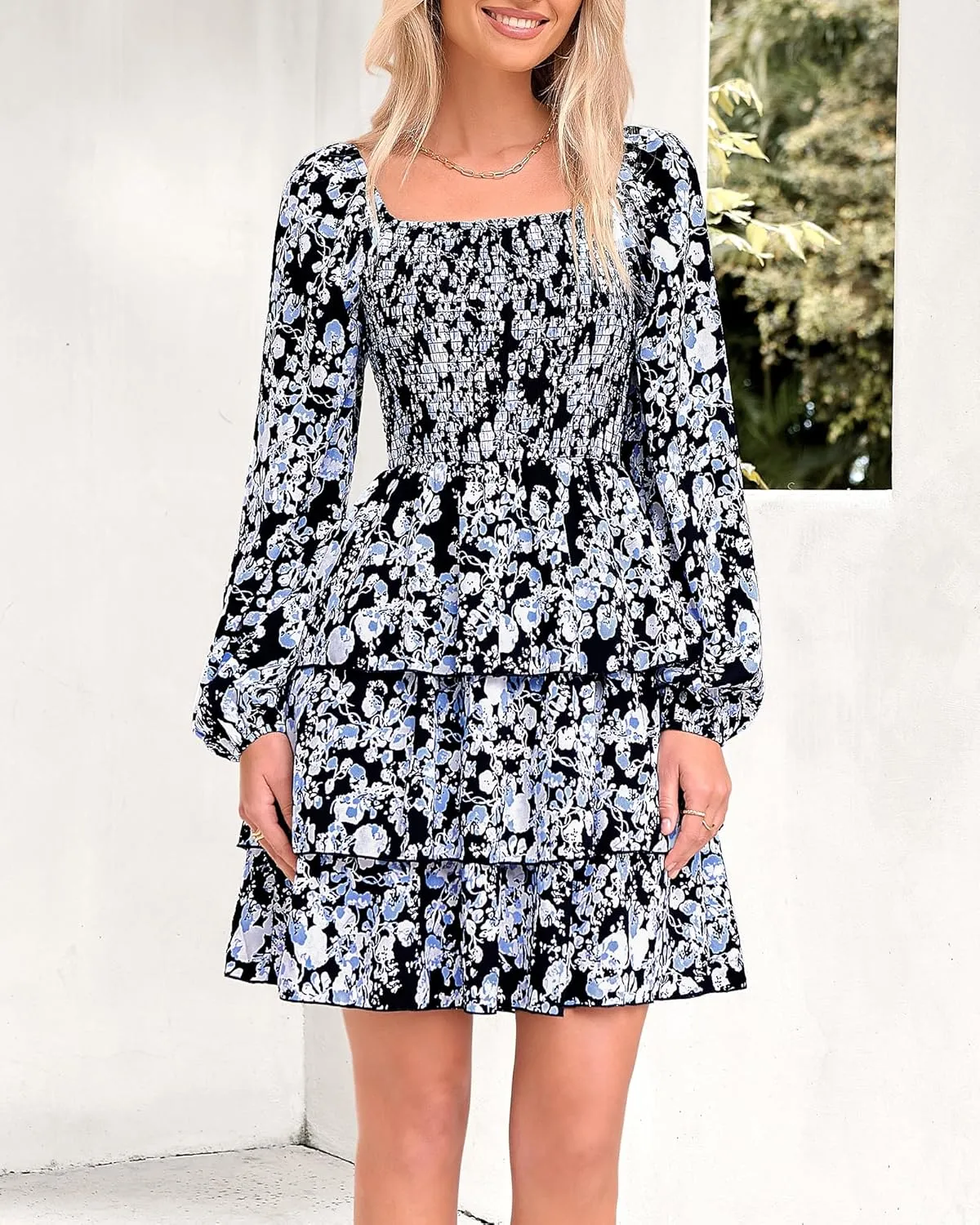 BTFBM Women Square Neck Smocked Dresses 2025 Summer Spring Long Sleeve Floral Swiss Dot Mini Boho Wedding Guest Dress