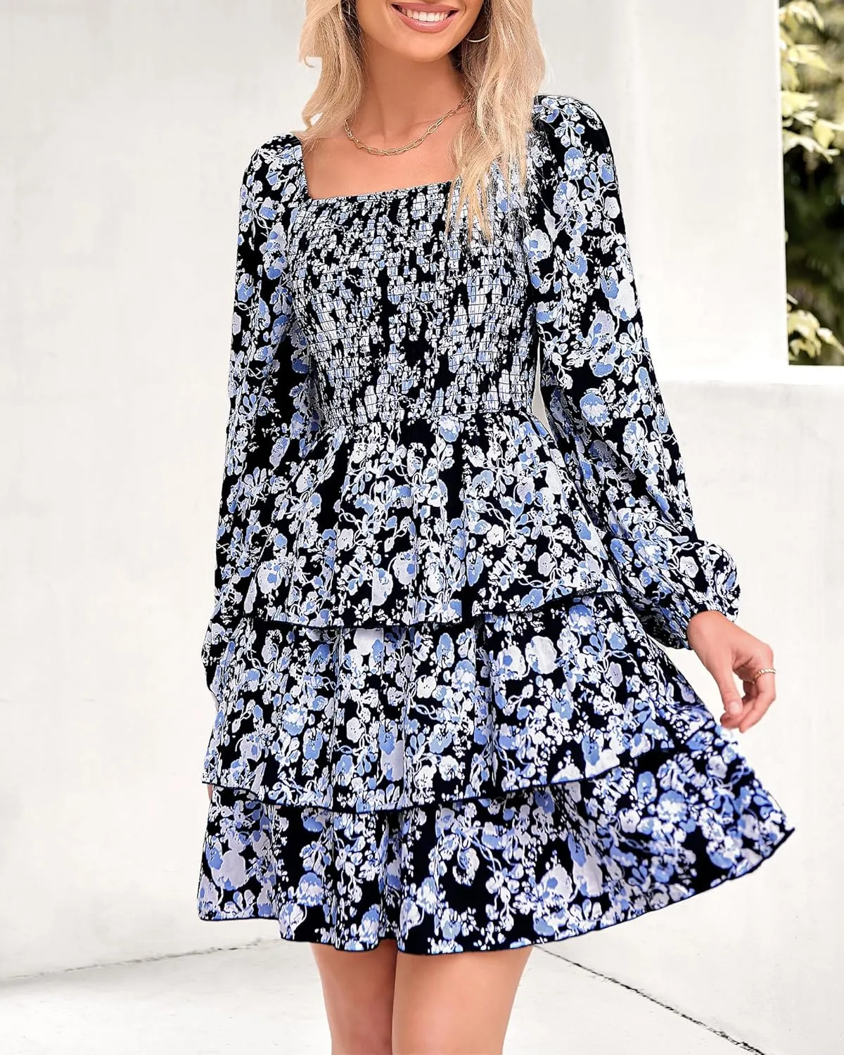BTFBM Women Square Neck Smocked Dresses 2025 Summer Spring Long Sleeve Floral Swiss Dot Mini Boho Wedding Guest Dress