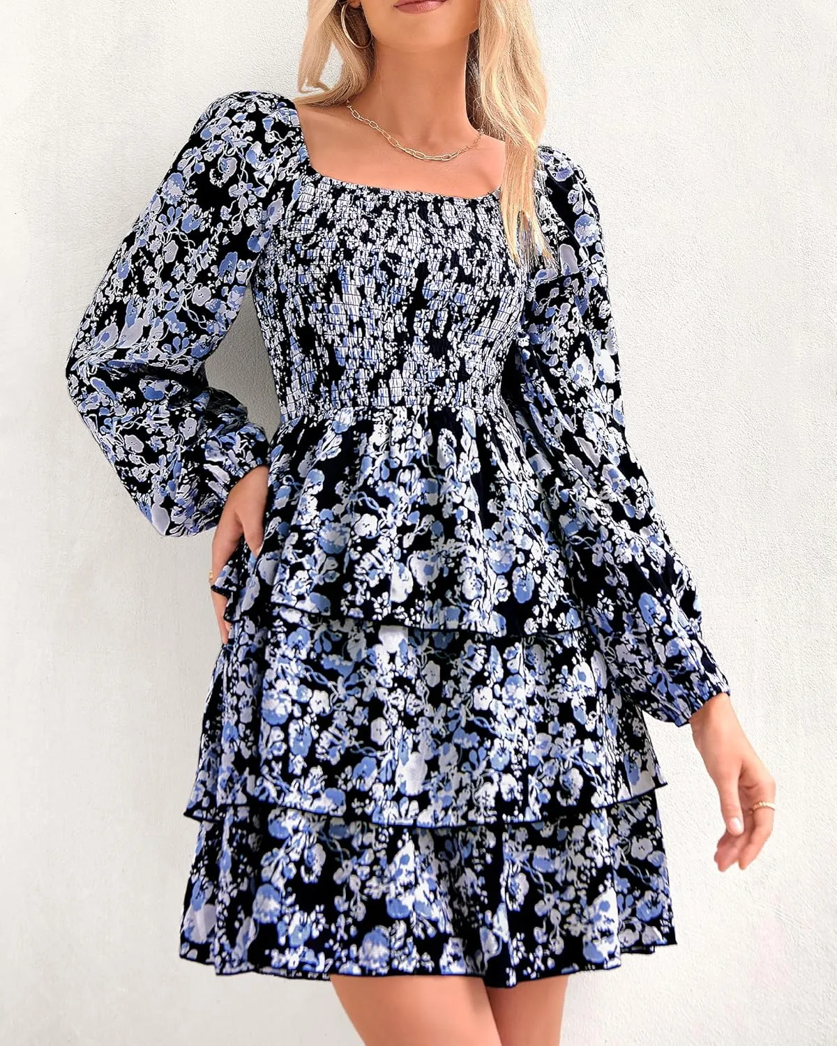 BTFBM Women Square Neck Smocked Dresses 2025 Summer Spring Long Sleeve Floral Swiss Dot Mini Boho Wedding Guest Dress