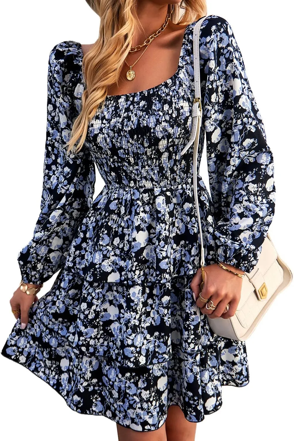 BTFBM Women Square Neck Smocked Dresses 2025 Summer Spring Long Sleeve Floral Swiss Dot Mini Boho Wedding Guest Dress