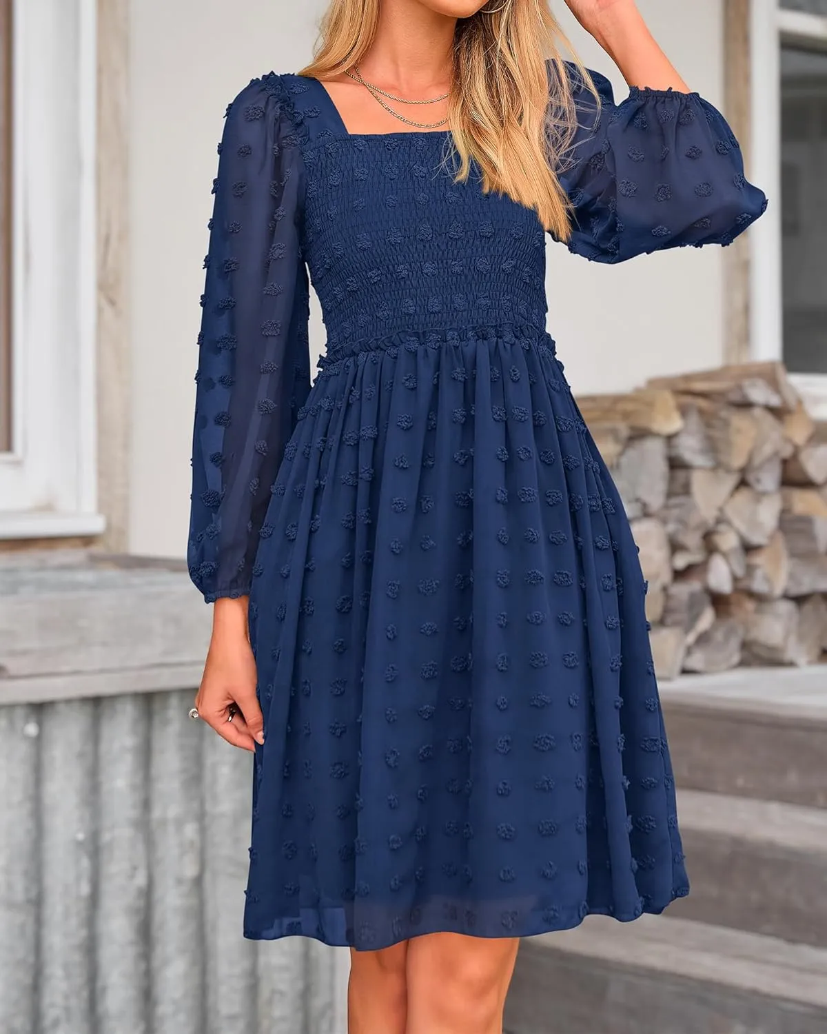 BTFBM Women Square Neck Smocked Dresses 2025 Summer Spring Long Sleeve Floral Swiss Dot Mini Boho Wedding Guest Dress