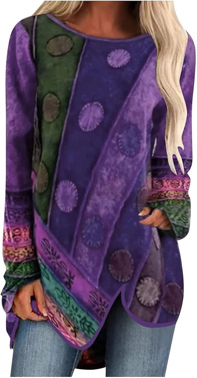 Ceboyel Womens Western Long Sleeve Shirt Aztec Ethnic Print Tunic Tops Irregular Hem Blouses Casual Vintage Fall Clothes 2023