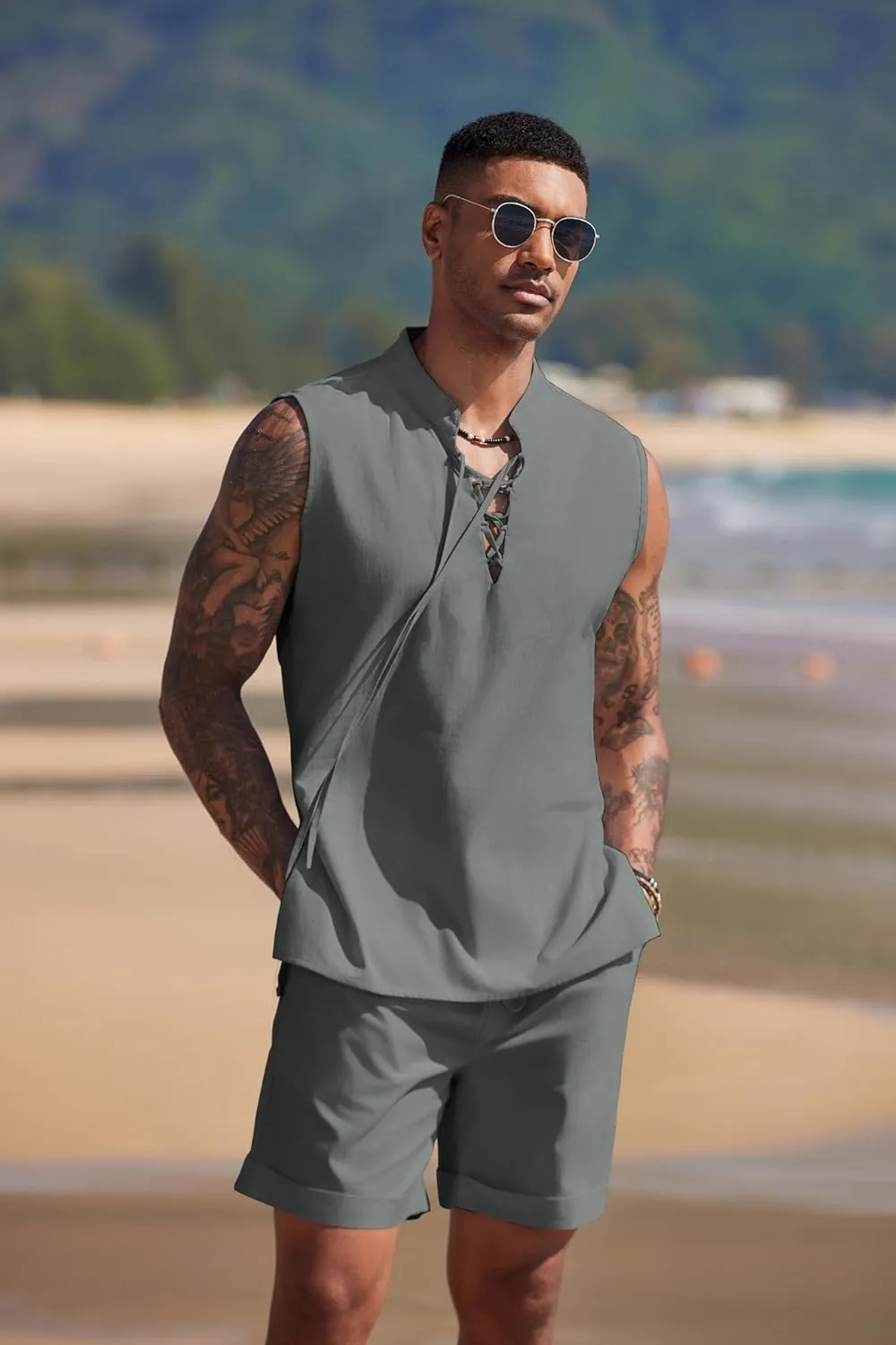 COOFANDY Men's Linen Sets 2 Piece Beach Outfits Lace Up Hippie Tank Tops Summer Casual Sleeveless Shirts Matching Shorts Set