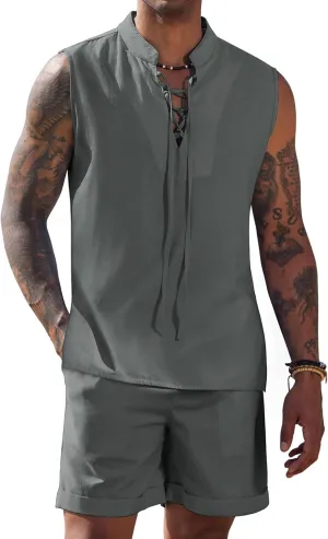 COOFANDY Men's Linen Sets 2 Piece Beach Outfits Lace Up Hippie Tank Tops Summer Casual Sleeveless Shirts Matching Shorts Set