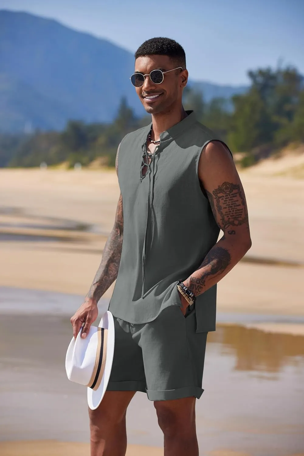 COOFANDY Men's Linen Sets 2 Piece Beach Outfits Lace Up Hippie Tank Tops Summer Casual Sleeveless Shirts Matching Shorts Set