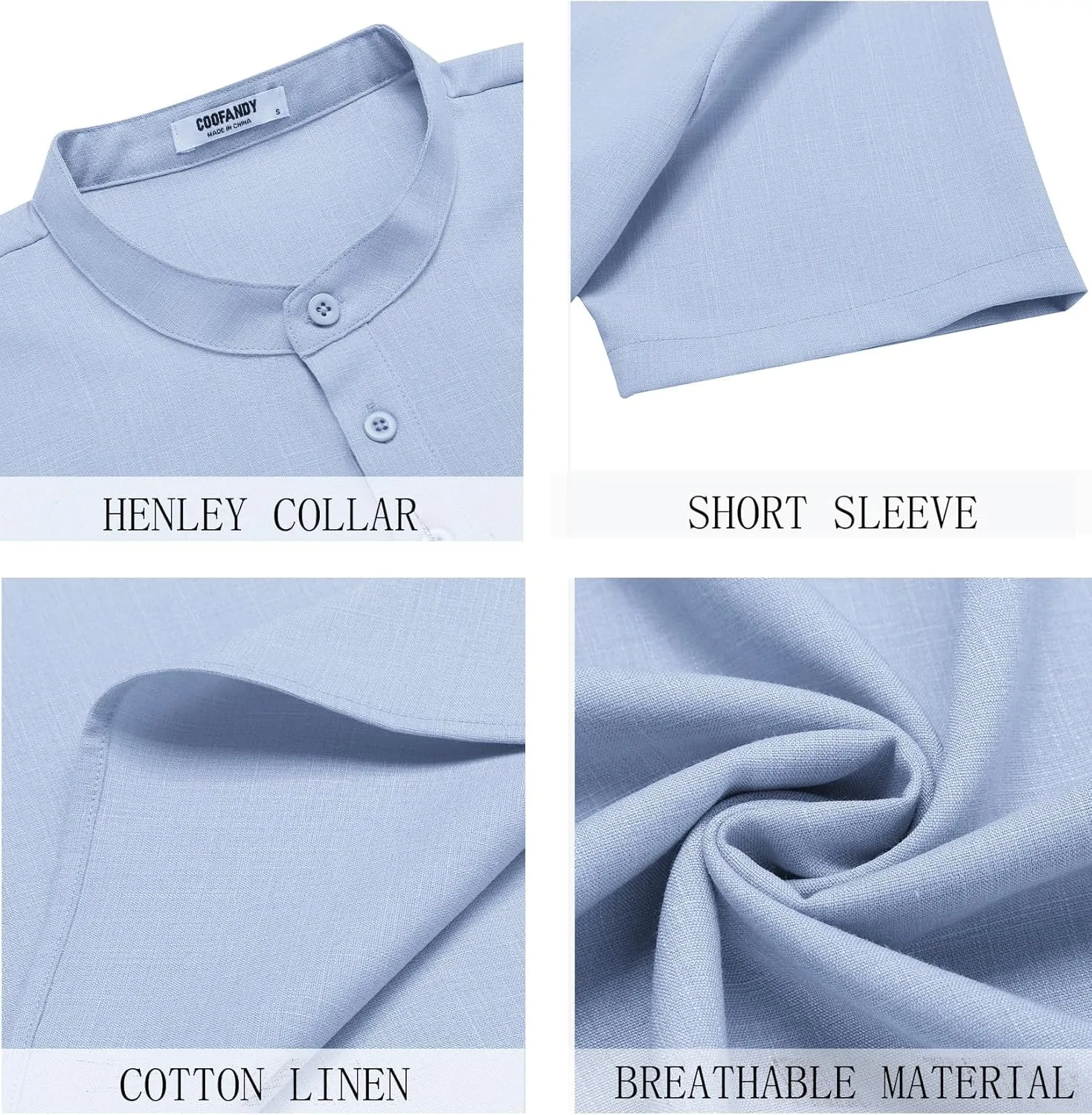 COOFANDY Men's Short Sleeve Henley Shirts Casual Collarless Shirt Band Collar Henley Summer Beach Henley T-Shirt