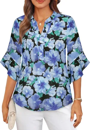 GRACE KARIN Women's Summer 3/4 Sleeve Tops Boho Floral Blouses Dressy Casual Tunic Ruffle V Neck Loose Fit Button up Shirts