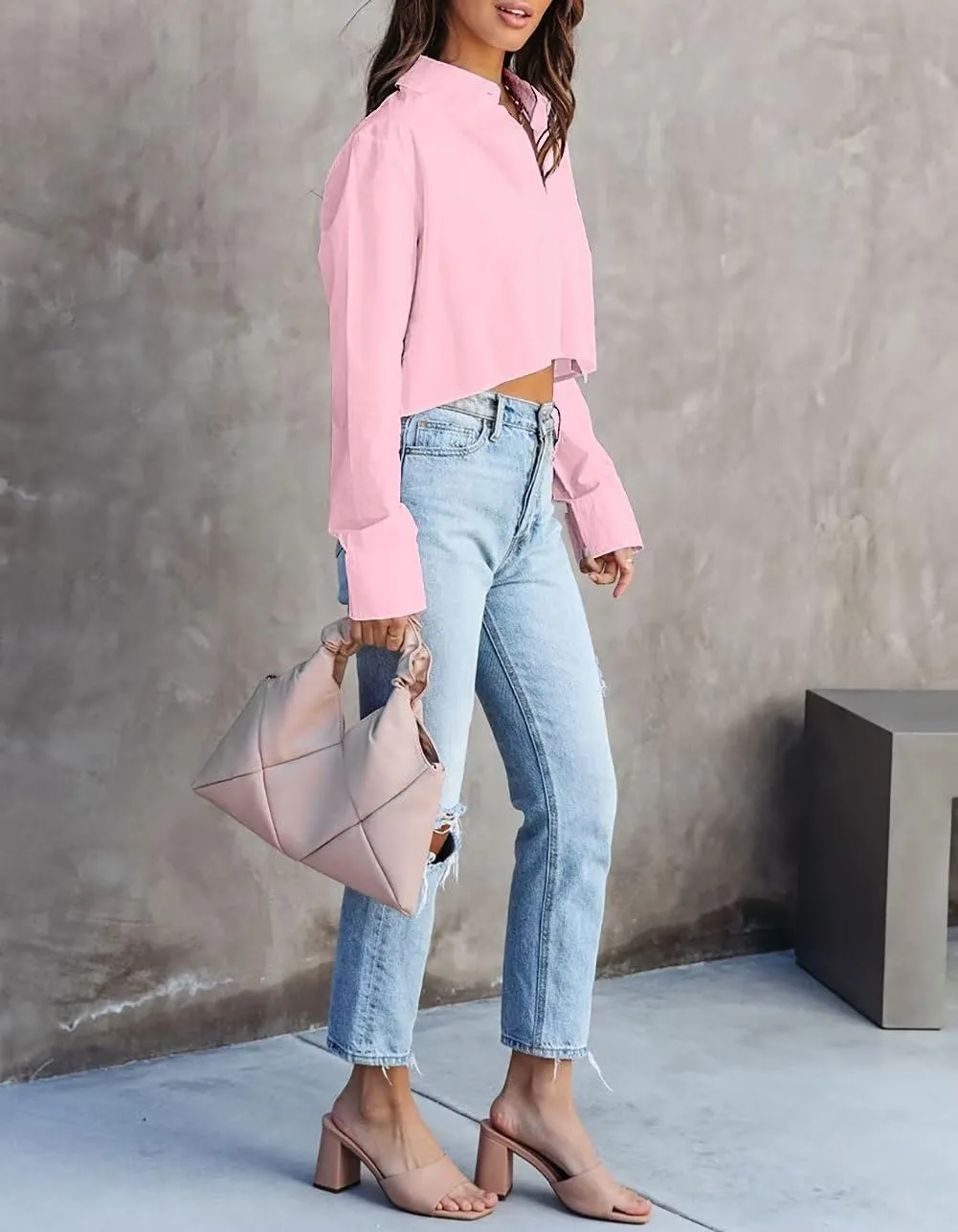 INFITTY Women's Button Down Cropped Shirts Long Sleeve Casual Crop Tops Loose Fit Cotton Lapel Blouse Fall