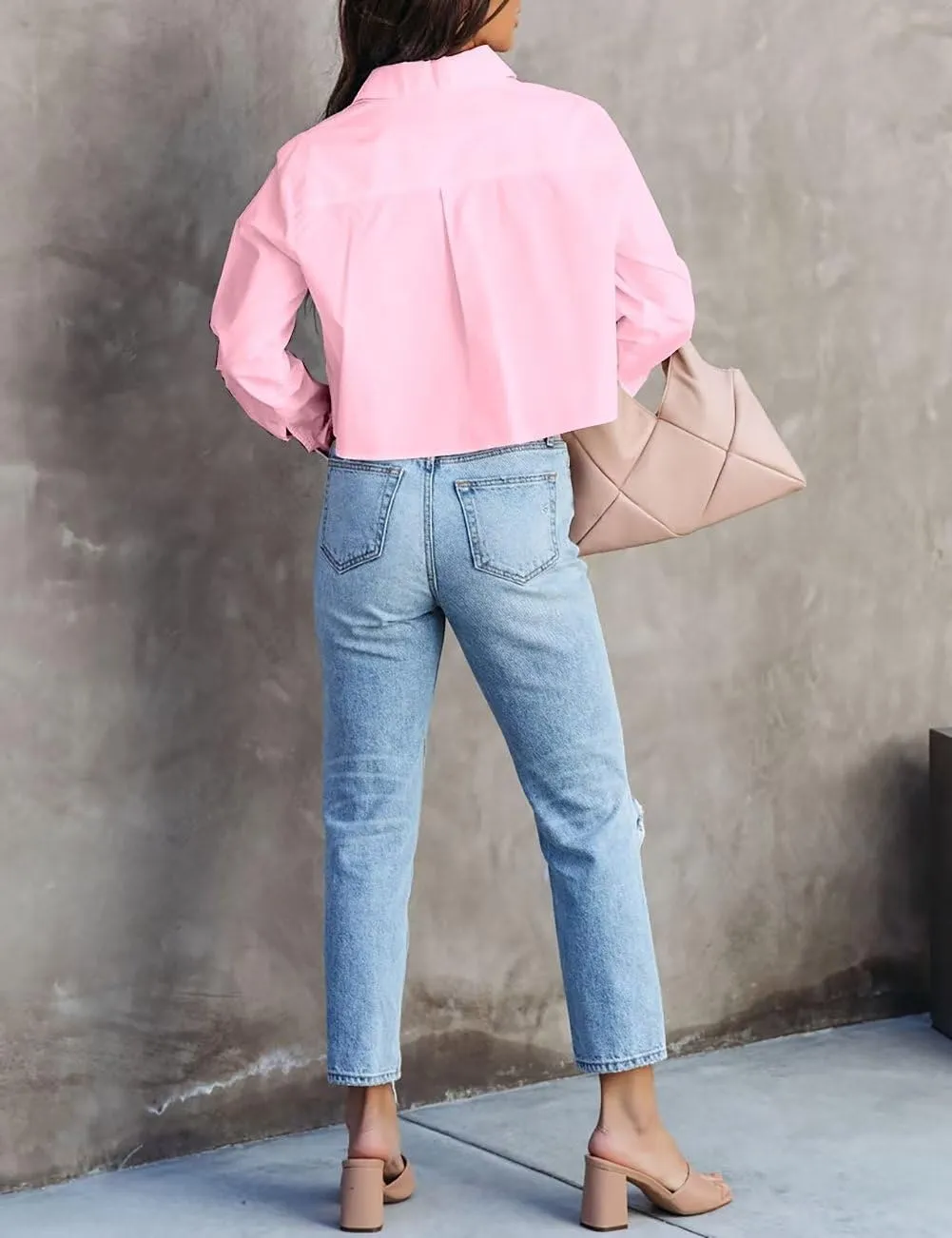 INFITTY Women's Button Down Cropped Shirts Long Sleeve Casual Crop Tops Loose Fit Cotton Lapel Blouse Fall