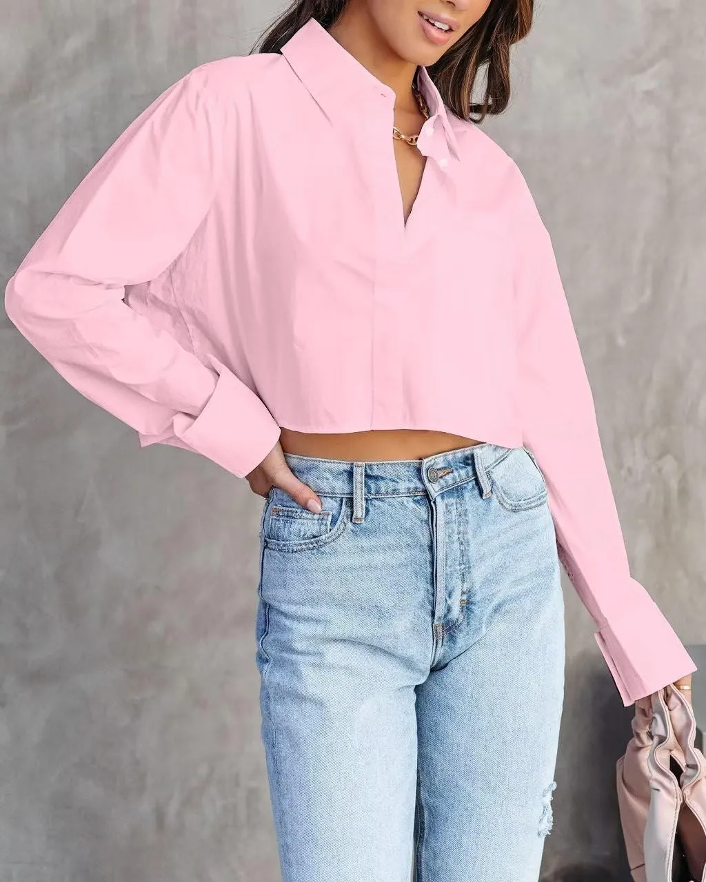 INFITTY Women's Button Down Cropped Shirts Long Sleeve Casual Crop Tops Loose Fit Cotton Lapel Blouse Fall