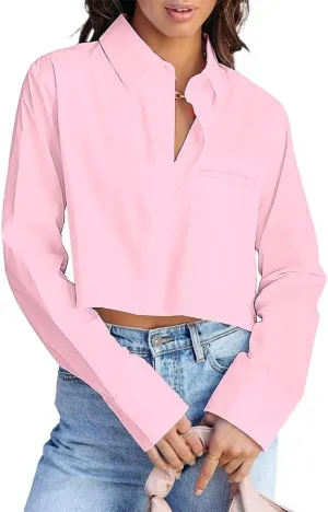 INFITTY Women's Button Down Cropped Shirts Long Sleeve Casual Crop Tops Loose Fit Cotton Lapel Blouse Fall