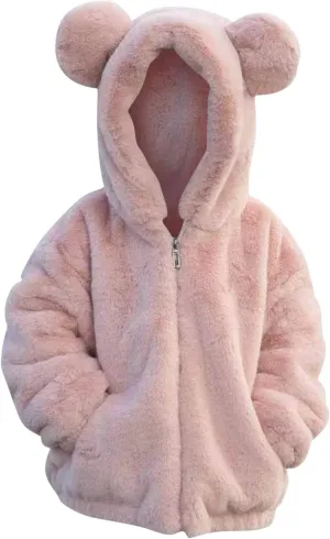 Kids Girl's Zip Up Fuzzy Fleece Jacket Cute Teddy Coat Ultra Soft Bear Ears Hoodie Sweatshirt Toddler Winter Coat