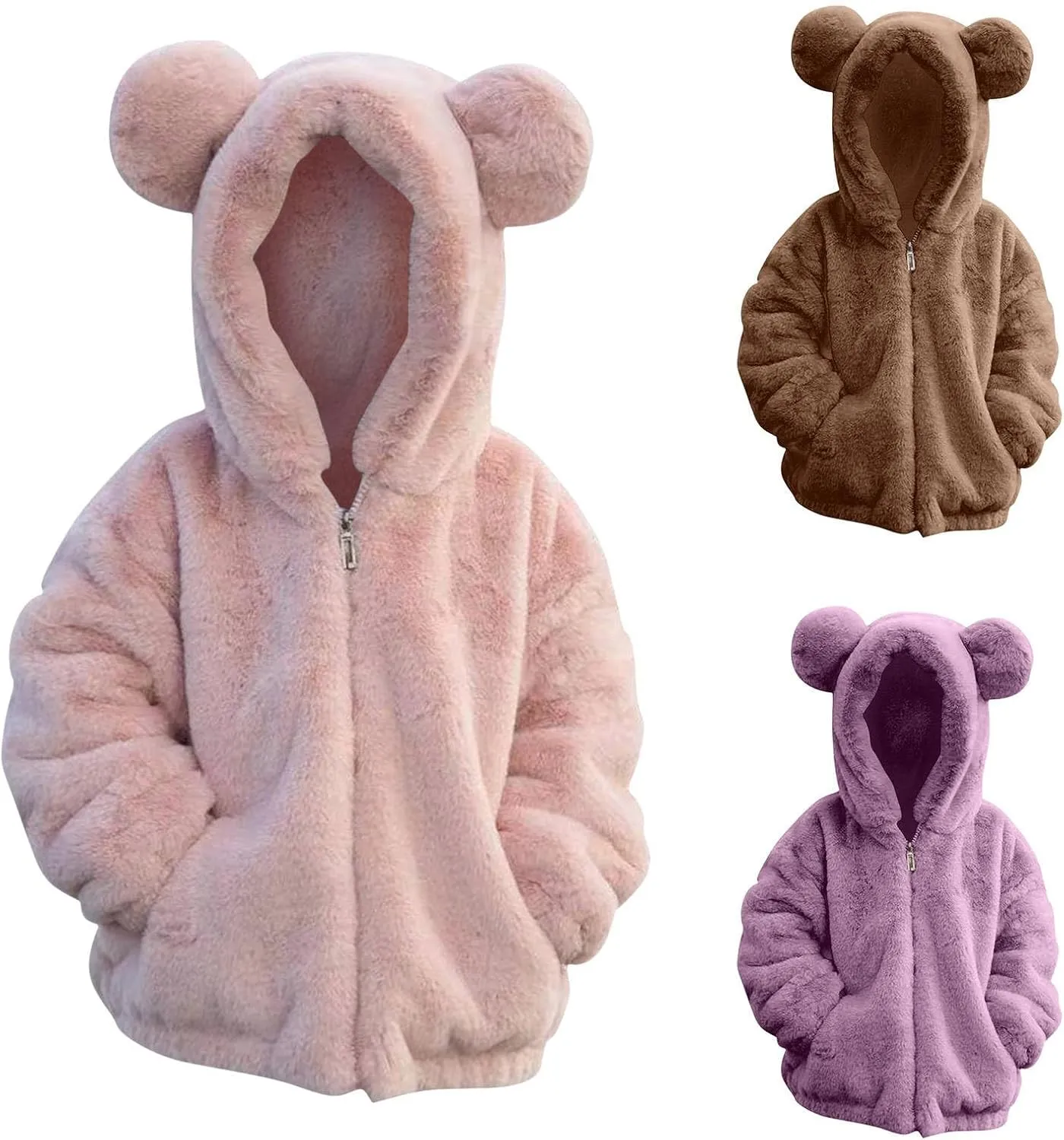 Kids Girl's Zip Up Fuzzy Fleece Jacket Cute Teddy Coat Ultra Soft Bear Ears Hoodie Sweatshirt Toddler Winter Coat