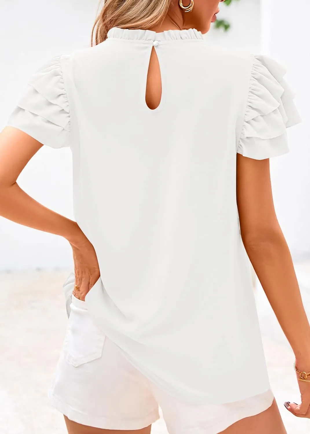 KIRUNDO Womens Blouse 2025 Spring Summer Dressy Casual Ruffle Short Sleeve Frill Mock Neck Work Shirt Tops Fashion Clothing