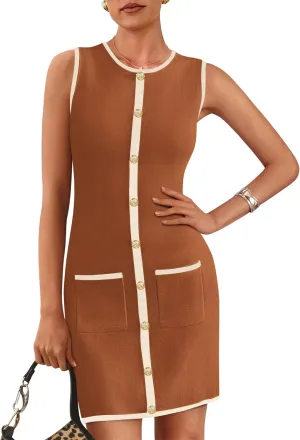 KIRUNDO Women's Semi Formal Business Casual Dress 2025 Summer Elegant Knit Slim Fit Color Block Button Work Office Dresses