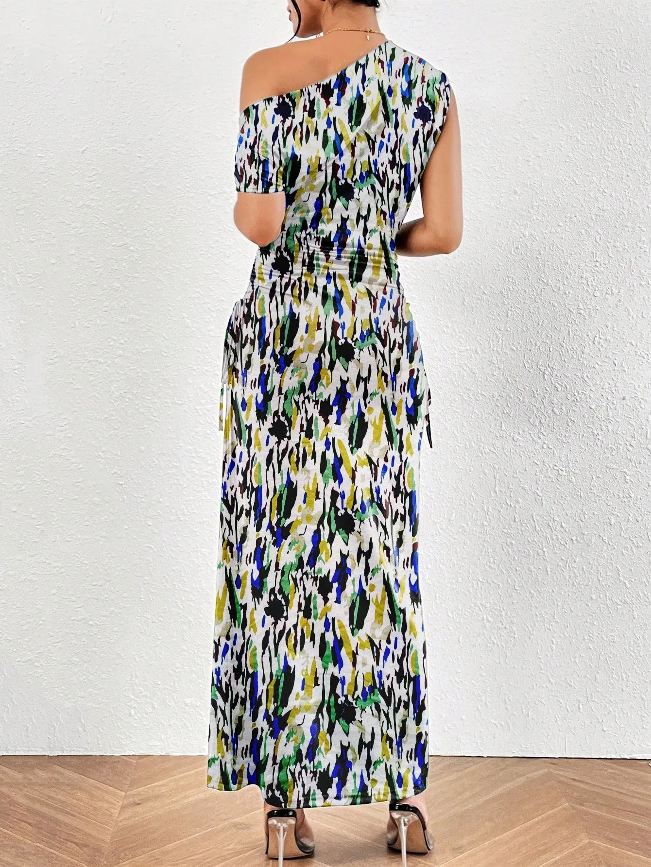 Leopard Print Asymmetrical Neck Ruched Side Mermaid Dress