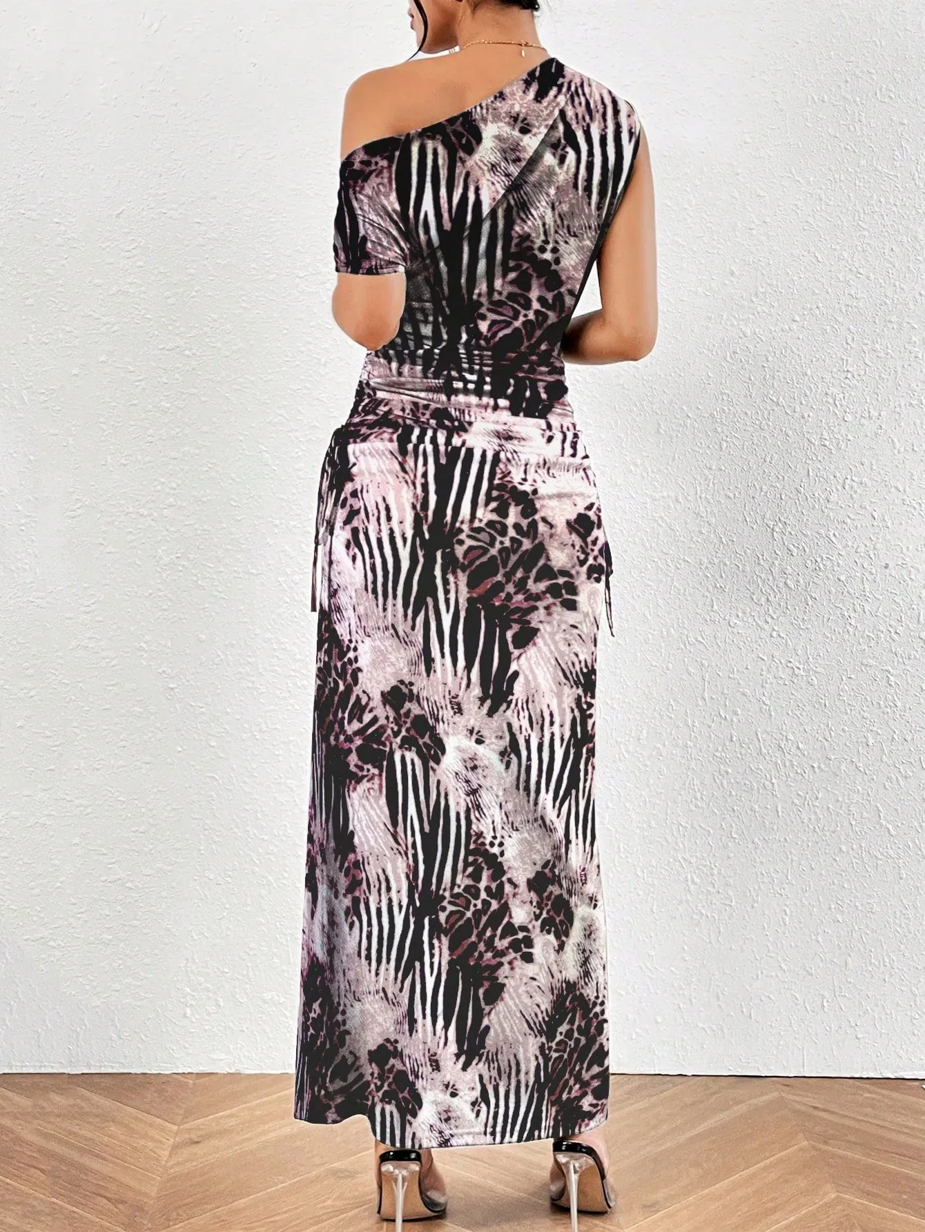 Leopard Print Asymmetrical Neck Ruched Side Mermaid Dress