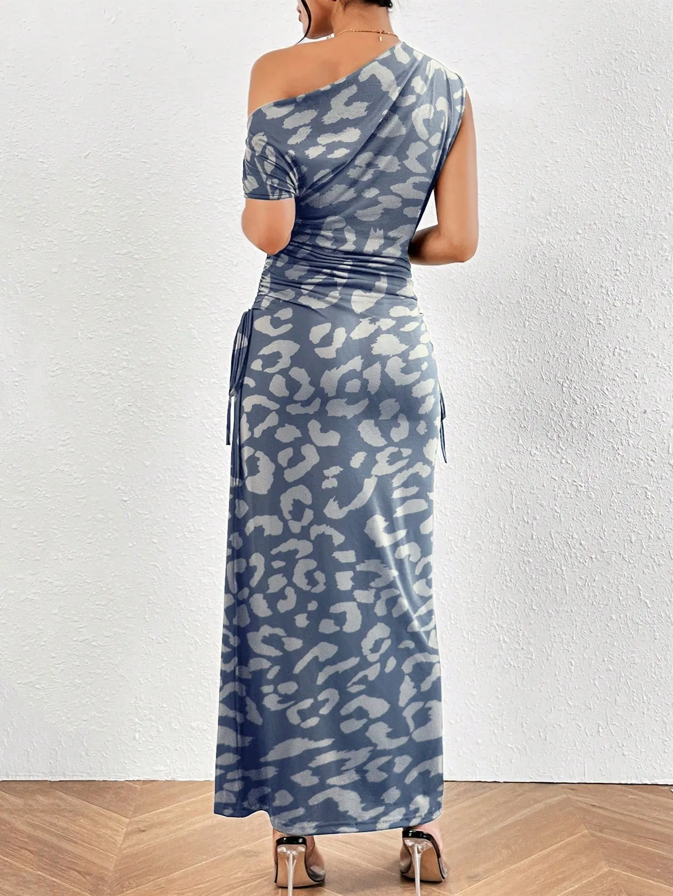 Leopard Print Asymmetrical Neck Ruched Side Mermaid Dress