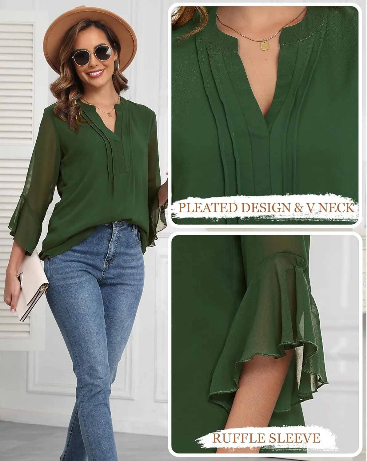 LOUSGUTA Business Casual Tops for Women 3/4 Sleeve Work Blouses Double Layerd Bell Sleeve Ruffle Chiffon Blouses