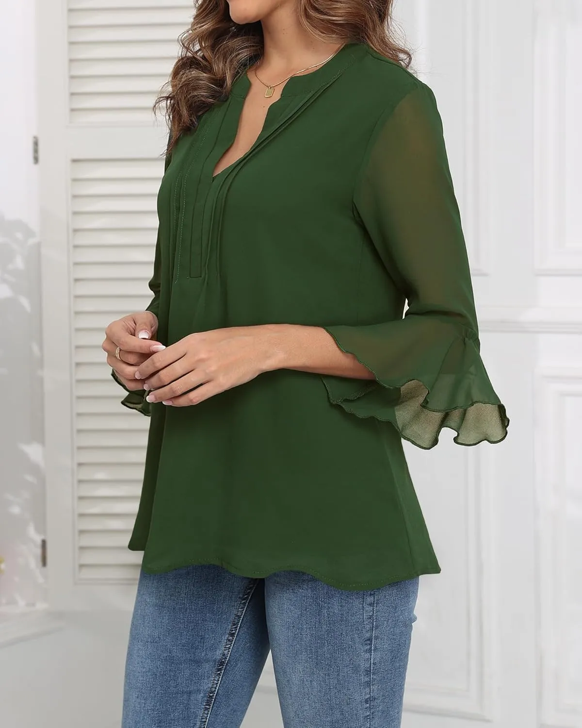 LOUSGUTA Business Casual Tops for Women 3/4 Sleeve Work Blouses Double Layerd Bell Sleeve Ruffle Chiffon Blouses