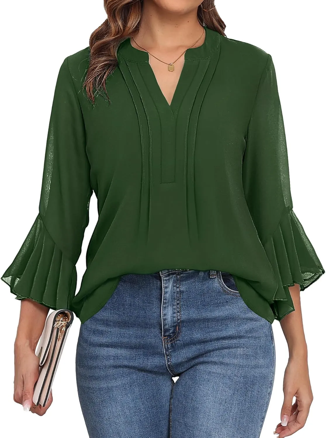 LOUSGUTA Business Casual Tops for Women 3/4 Sleeve Work Blouses Double Layerd Bell Sleeve Ruffle Chiffon Blouses