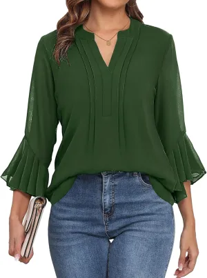LOUSGUTA Business Casual Tops for Women 3/4 Sleeve Work Blouses Double Layerd Bell Sleeve Ruffle Chiffon Blouses