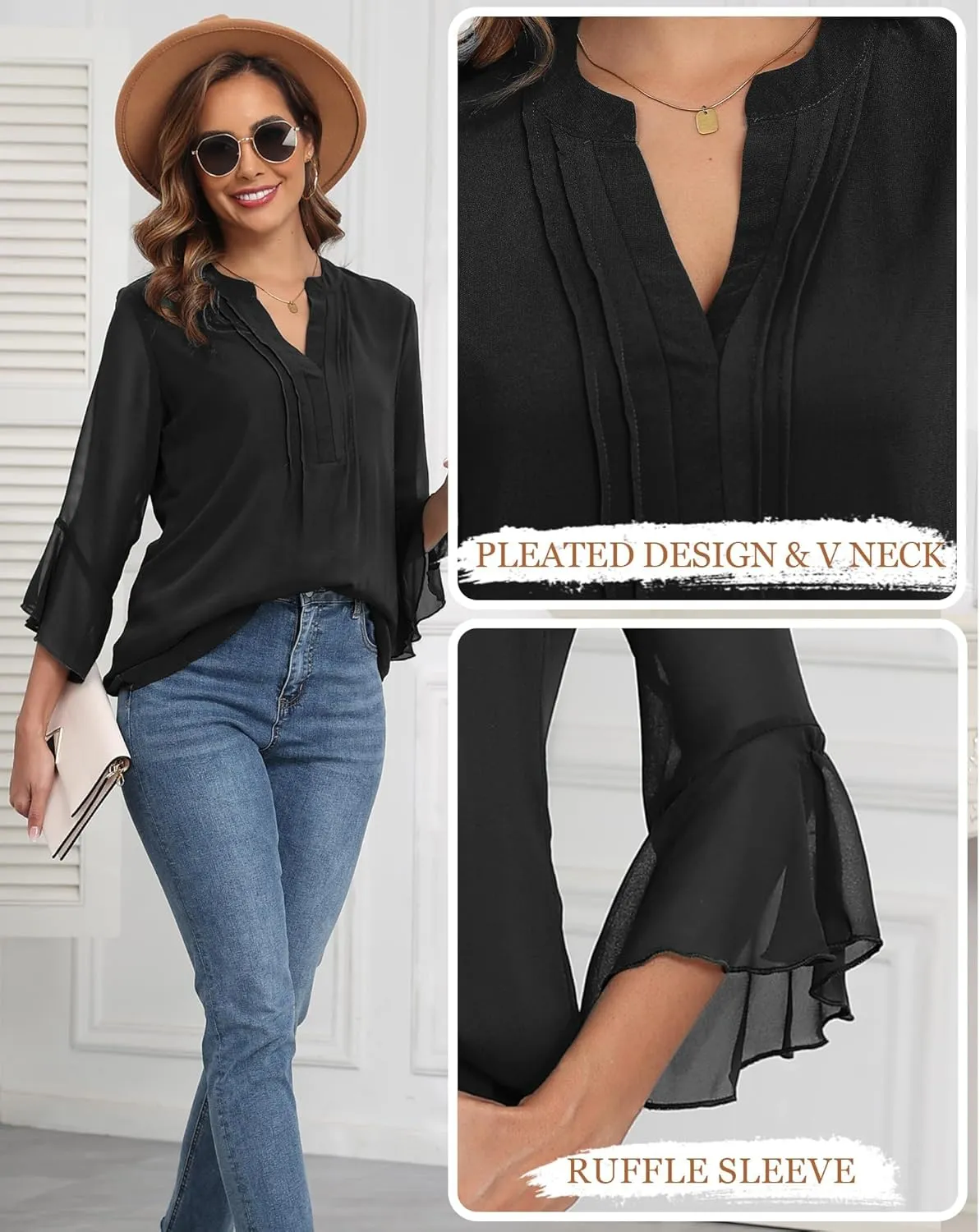 LOUSGUTA Business Casual Tops for Women 3/4 Sleeve Work Blouses Double Layerd Bell Sleeve Ruffle Chiffon Blouses