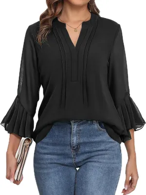 LOUSGUTA Business Casual Tops for Women 3/4 Sleeve Work Blouses Double Layerd Bell Sleeve Ruffle Chiffon Blouses