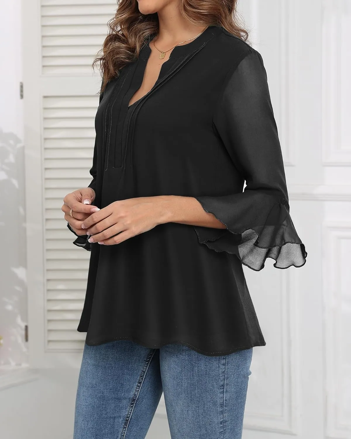 LOUSGUTA Business Casual Tops for Women 3/4 Sleeve Work Blouses Double Layerd Bell Sleeve Ruffle Chiffon Blouses