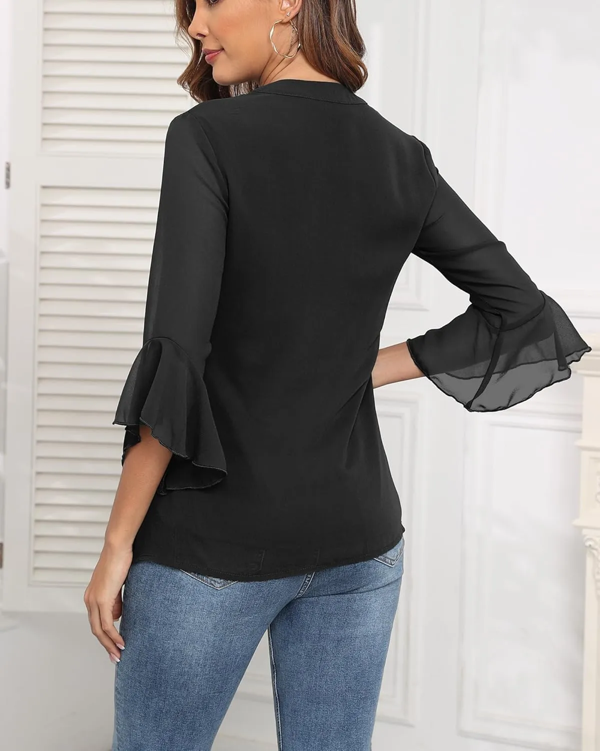 LOUSGUTA Business Casual Tops for Women 3/4 Sleeve Work Blouses Double Layerd Bell Sleeve Ruffle Chiffon Blouses
