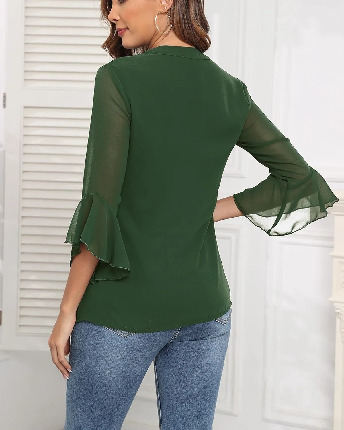 LOUSGUTA Business Casual Tops for Women 3/4 Sleeve Work Blouses Double Layerd Bell Sleeve Ruffle Chiffon Blouses