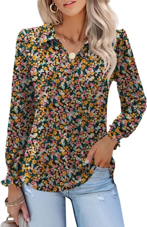 LUYAA Blouses for Women Dressy Casual Long Sleeve Loose Fit Tunic Tops V-Neck Collared Fall Shirts S-XXXL