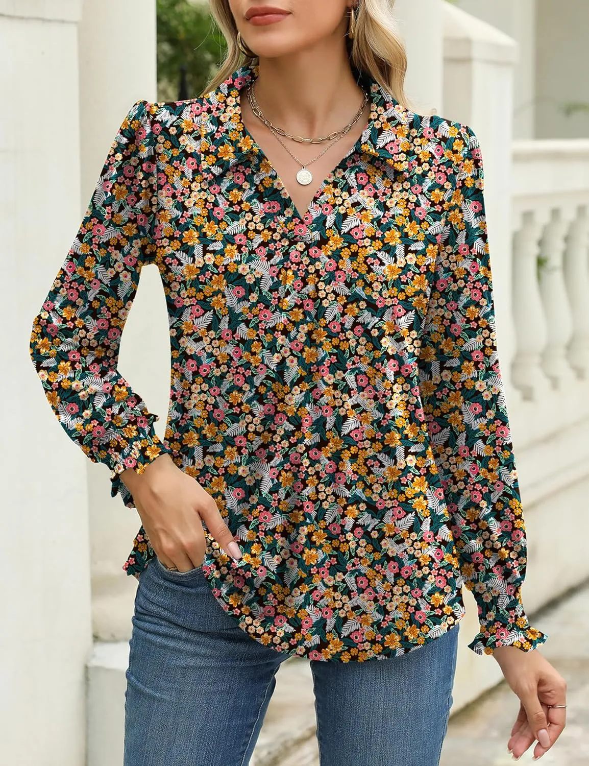 LUYAA Blouses for Women Dressy Casual Long Sleeve Loose Fit Tunic Tops V-Neck Collared Fall Shirts S-XXXL