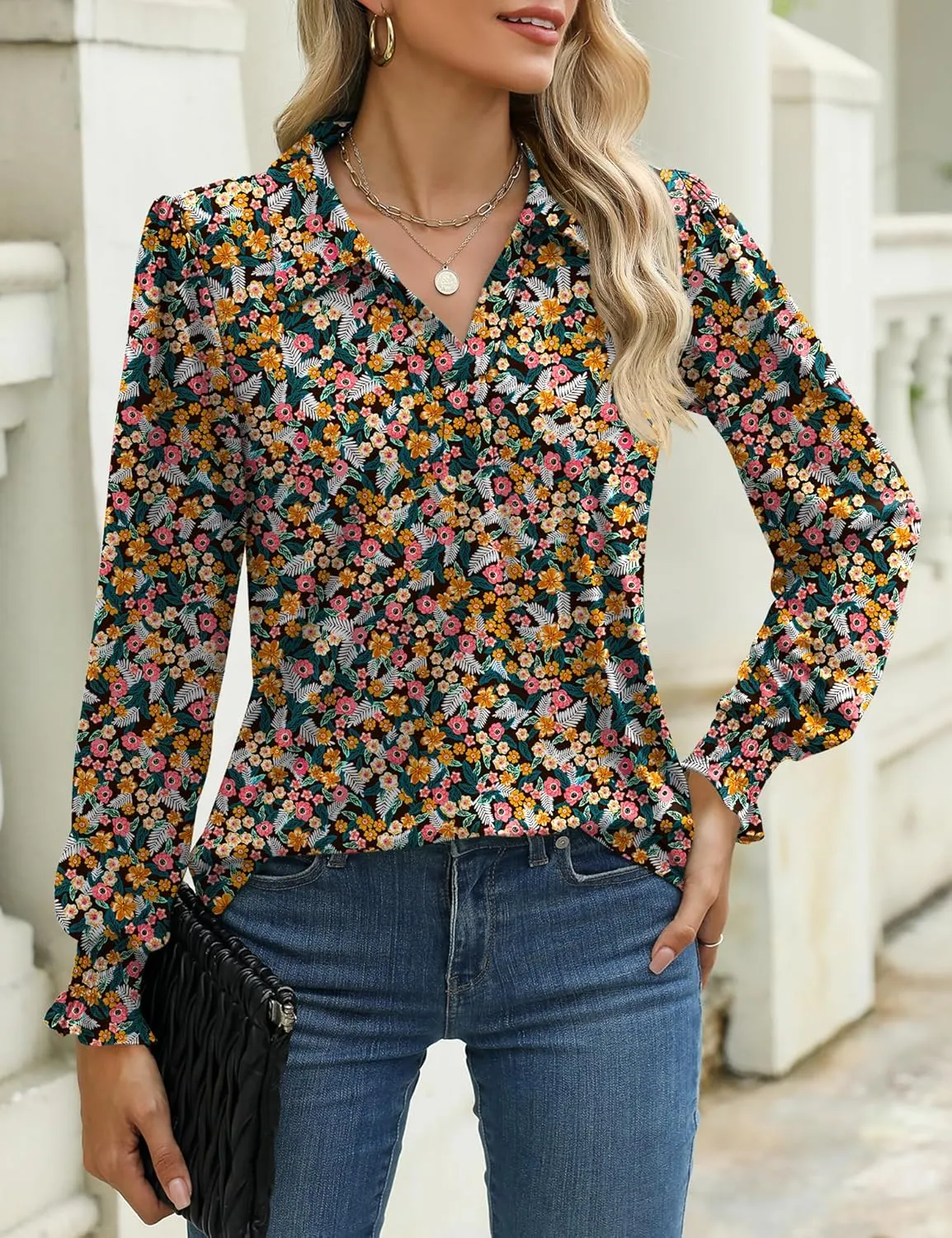 LUYAA Blouses for Women Dressy Casual Long Sleeve Loose Fit Tunic Tops V-Neck Collared Fall Shirts S-XXXL