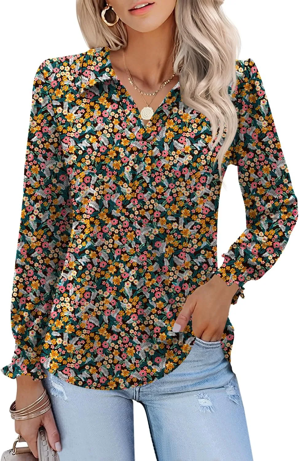 LUYAA Blouses for Women Dressy Casual Long Sleeve Loose Fit Tunic Tops V-Neck Collared Fall Shirts S-XXXL