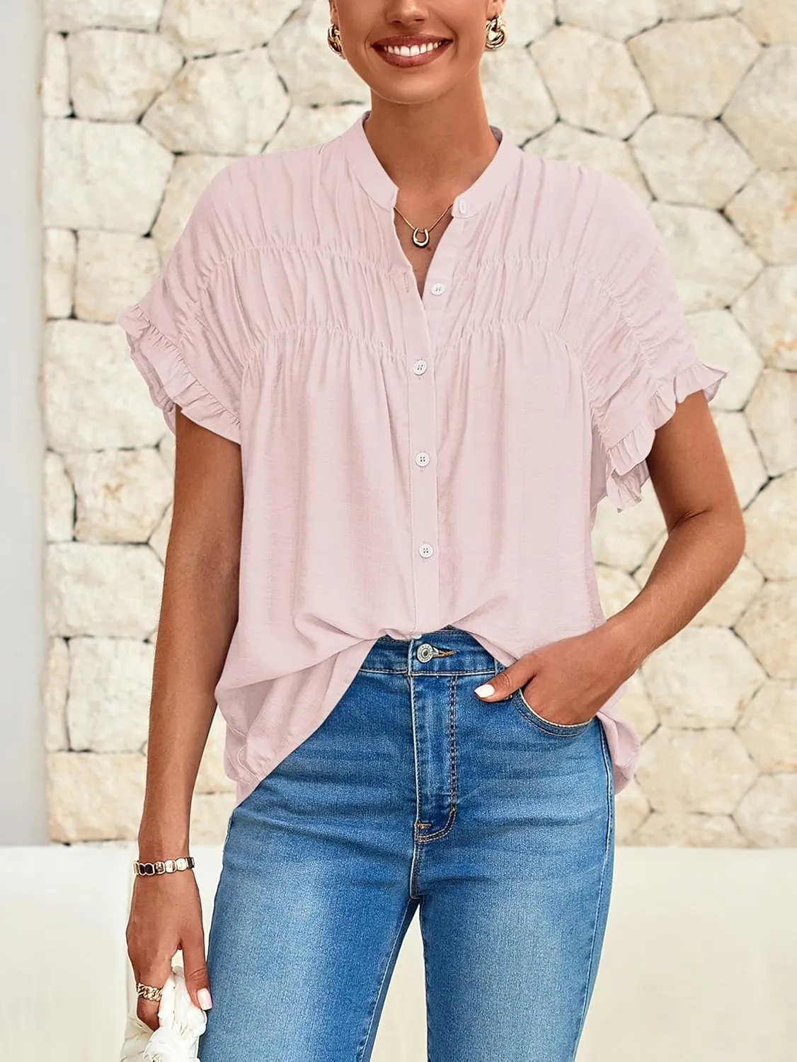 MASCOMODA Womens 2025 Button Down Shirts Ruffle Short Sleeve Loose Summer Tops Dressy Casual V Neck Business Work Blouses