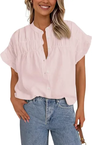 MASCOMODA Womens 2025 Button Down Shirts Ruffle Short Sleeve Loose Summer Tops Dressy Casual V Neck Business Work Blouses