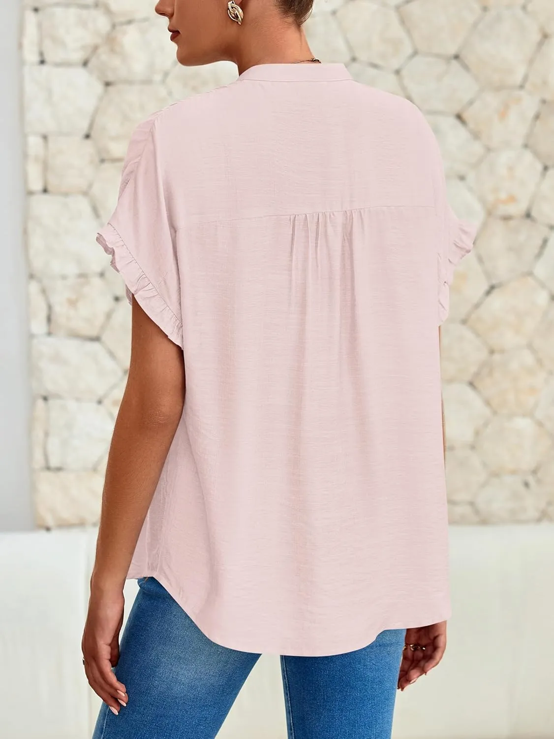 MASCOMODA Womens 2025 Button Down Shirts Ruffle Short Sleeve Loose Summer Tops Dressy Casual V Neck Business Work Blouses