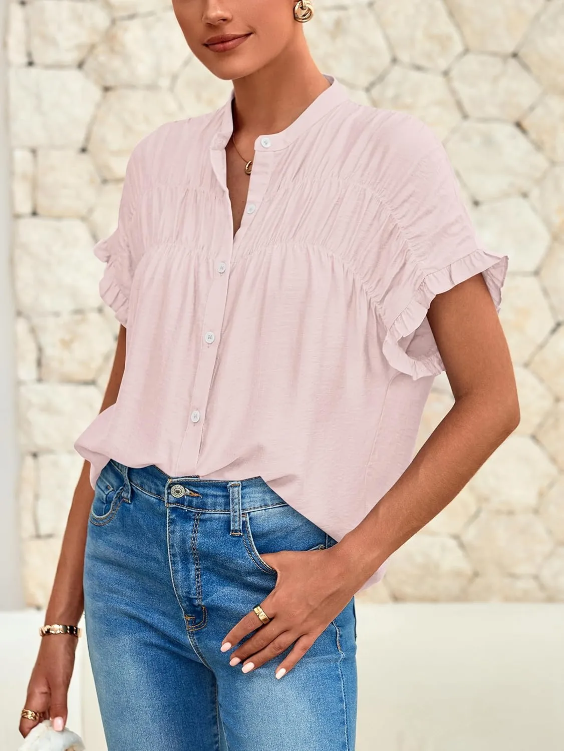 MASCOMODA Womens 2025 Button Down Shirts Ruffle Short Sleeve Loose Summer Tops Dressy Casual V Neck Business Work Blouses