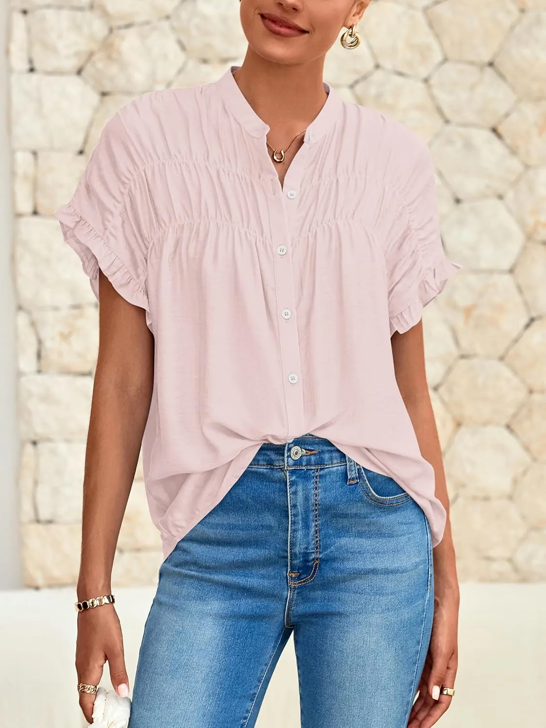 MASCOMODA Womens 2025 Button Down Shirts Ruffle Short Sleeve Loose Summer Tops Dressy Casual V Neck Business Work Blouses