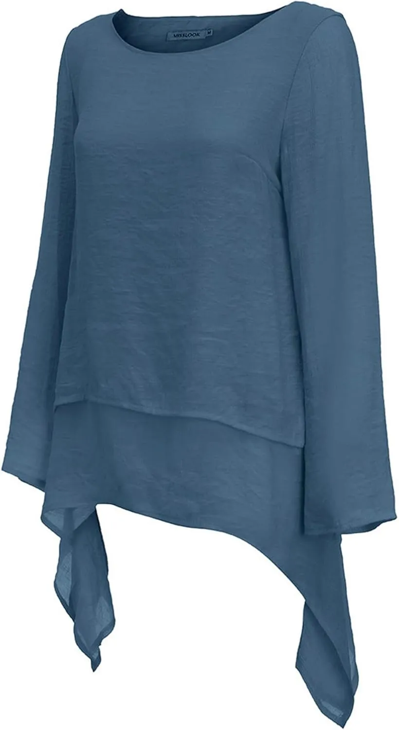 Mzkdieey Oversized Cotton Linen Shirts for Women High Low Hem Asymmetrical Tops Summer Casual Crewneck Long Sleeve Blouse